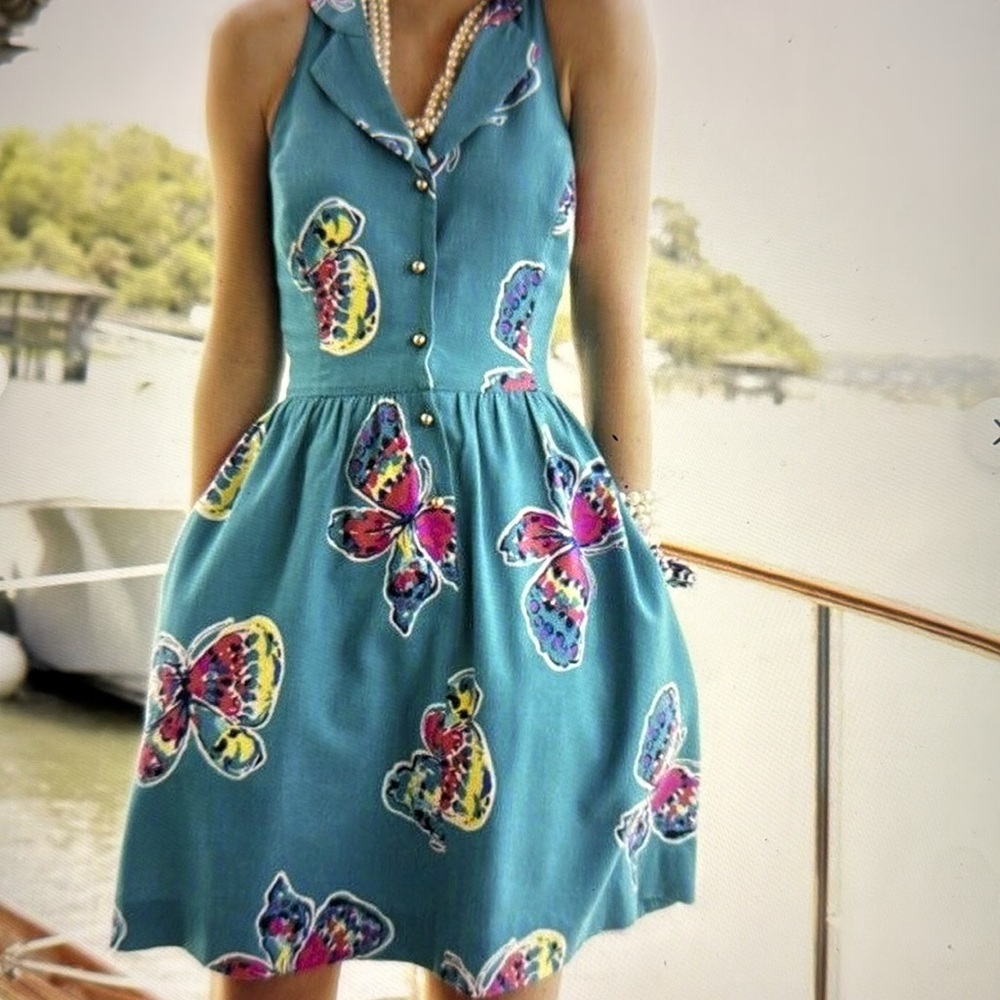 Lilly Pulitzer Teal Butterfly Print Dress size 2 pre owned Used - Picture 2 of 10